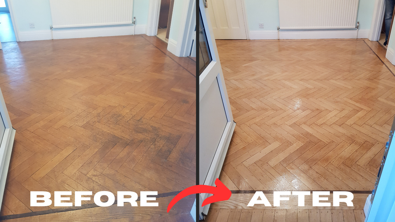 Before-and-after Dust-Free Floor Sanding of a herringbone parquet wood floor in a Stanmore home, revealing the transformation from dull, scuffed boards to a bright, freshly sealed surface.