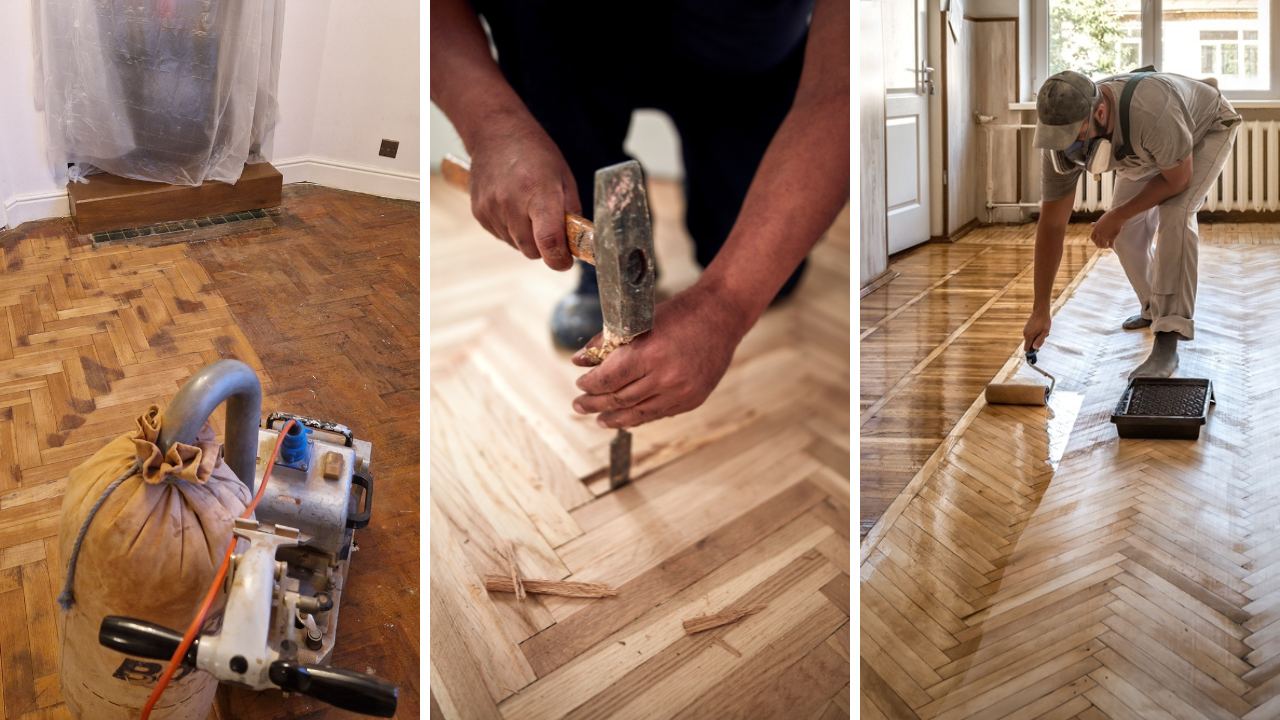 Three-frame collage showing Dust-Free Floor Sanding of an oak herringbone parquet floor in a Stanmore home—initial machine sanding, block repair with a chisel, and final lacquer application.