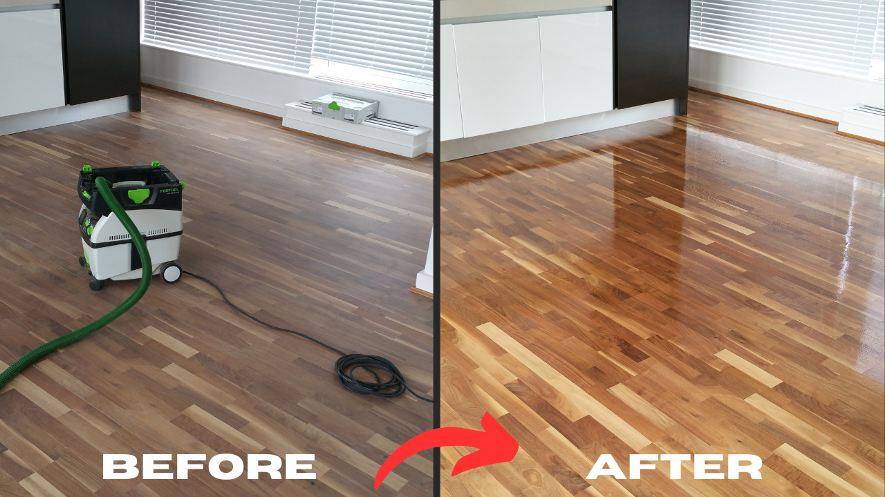 Wood Floor Sanding in Stanmore – before and after of an engineered hardwood strip floor restored to a glossy, rich finish in a modern living area.