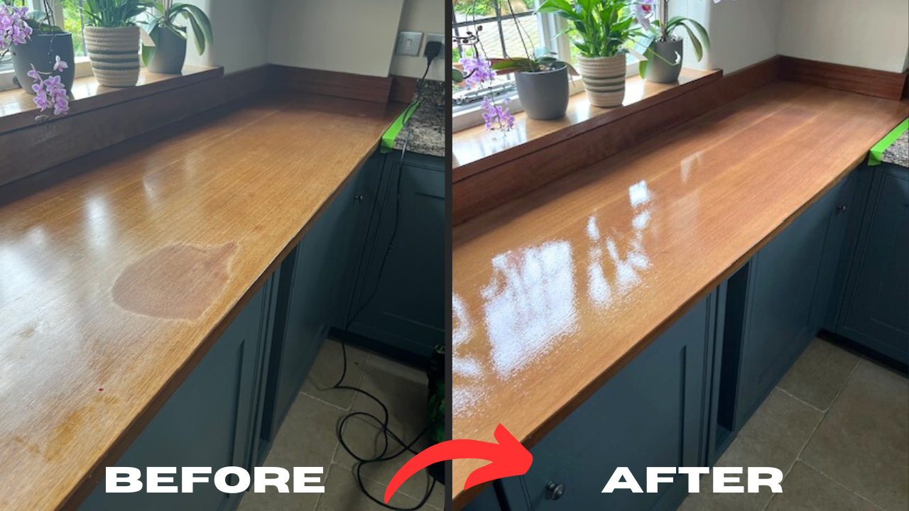Before and after Worktop Refinishing on a solid oak hardwood kitchen worktop in a Stanmore home, showing stains removed and a glossy restored surface.