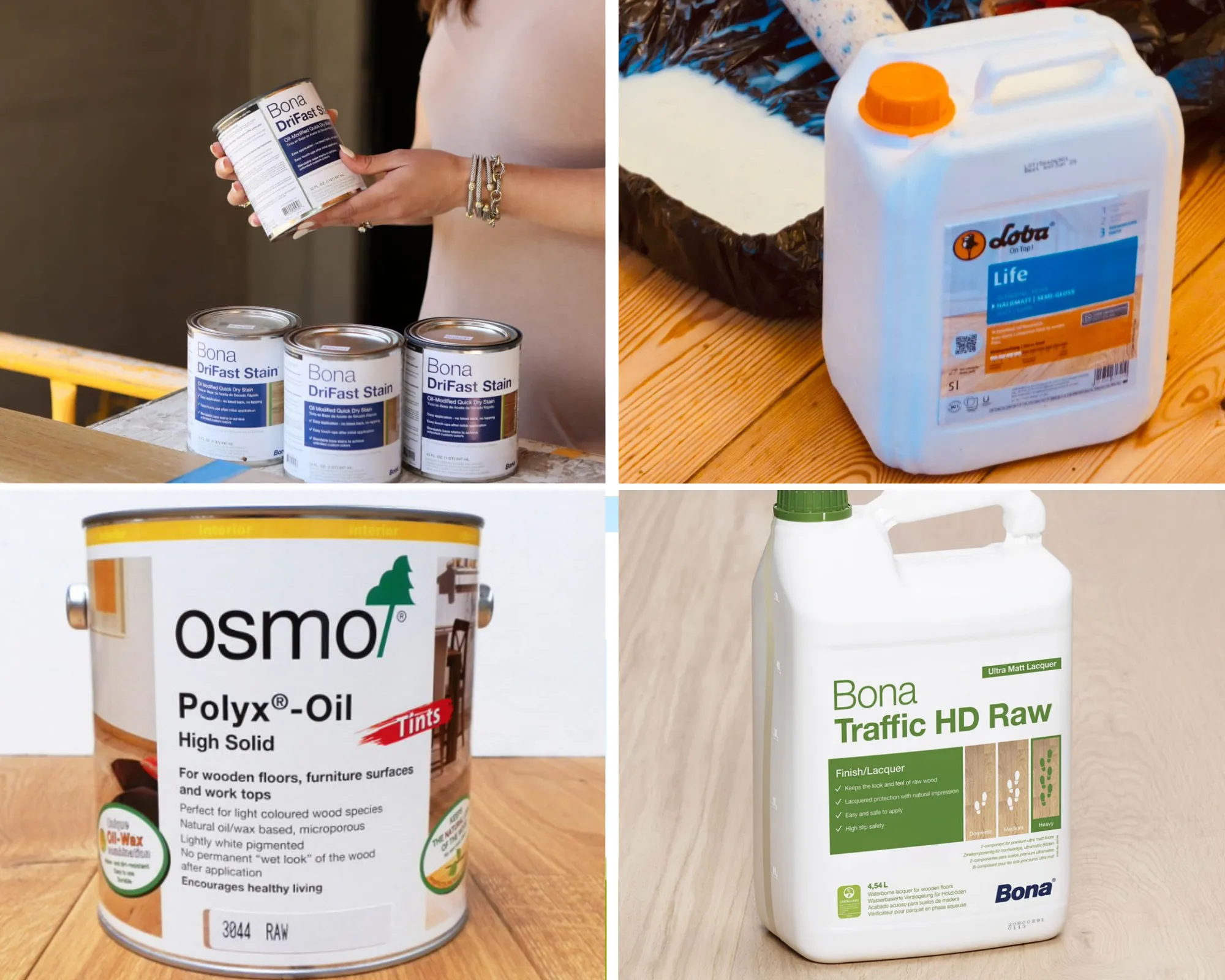 Wood Floor Sanding in Stanmore showing professional finishing products—hardwax oils, stains and lacquers—for sealing oak and pine timber floorboards after sanding.
