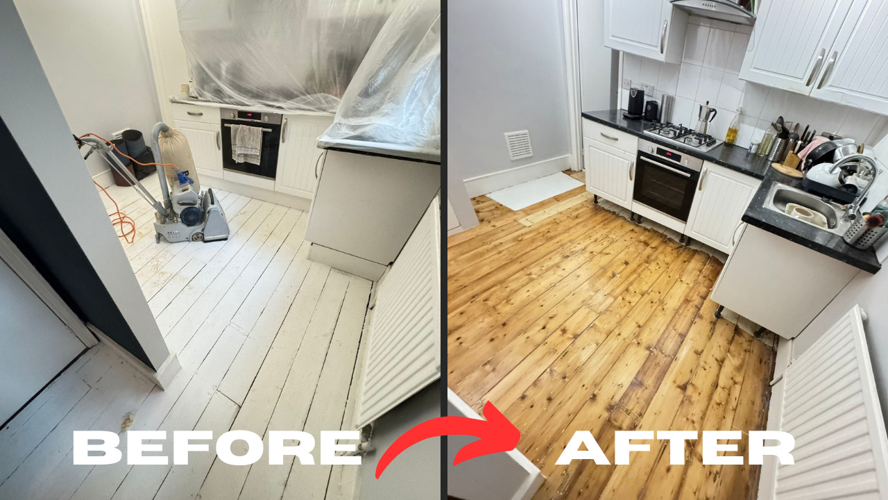 Wood Floor Sanding in Stanmore kitchen showing before-and-after restoration of painted pine floorboards to natural timber finish.
