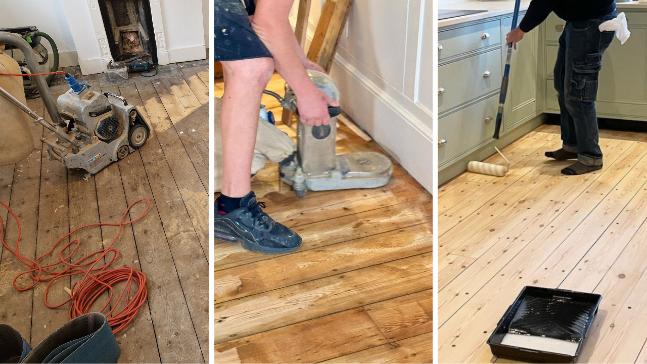 Wood Floor Sanding in Stanmore showing the restoration stages on pine softwood floorboards—sanding, edging and final sealing for a smooth, bright finish.